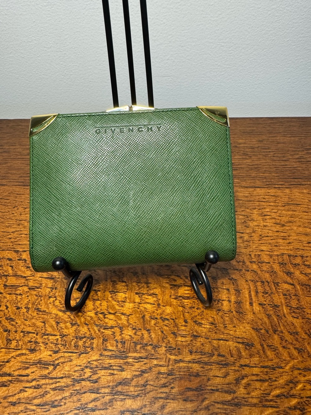 Givenchy Vintage Forest Green Saffiano Leather Wallet with Gold Corner Accents